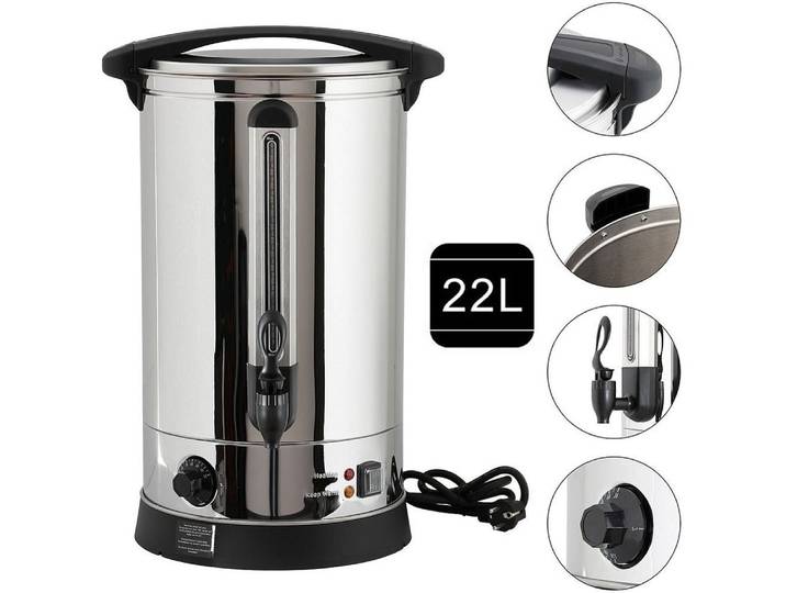 Feel2Home Einkochautomat Glühweinkocher mit Zapfhahn, Temperaturregler, 22 l, 2500 W, Edelstahl, 2500 W, Überhitzungsschutz und Überwachungsleuchten (Erhitzen und Warmhalten)