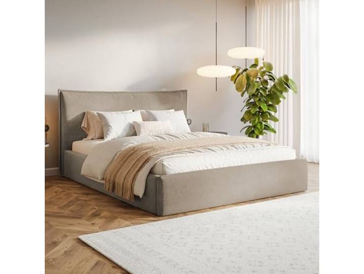 MOTIVENA Leno Bett 140x200 Beige Samt, mit Stauraum, mit Kopfteil, mit Lattenrost, ohne Füße, ohne Matratze, Polsterbett 140x200 mit Bettkasten Beige