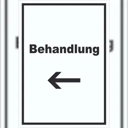 HB-Druck Behandlung Schild mit Text und Richtungspfeil links Behandlungsraum hochkant A5 (148x210mm)