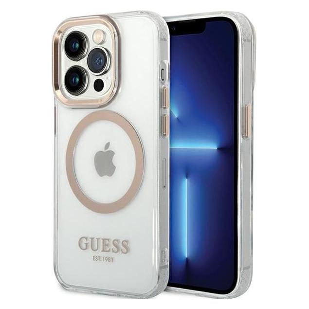 Guess Tasche für iPhone 15 6,1" GUHMP15SHTRMD gold HC Magsafe Metal Outline (Apple iPhone 13, Apple iPhone 14, Apple iPhone 15) (GUHMP15SHTRMD)