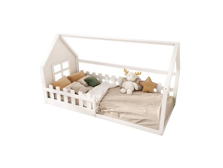 Odikalo Kinderbett Himmelbett Flachbett Hausleiste Grün/Weiß/Rosa 90*200cm