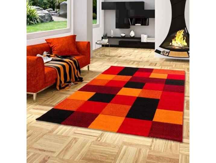 Tapis de designer - PERGAMON - Brilliant - motif carreaux - rouge orangé - 160x230 cm