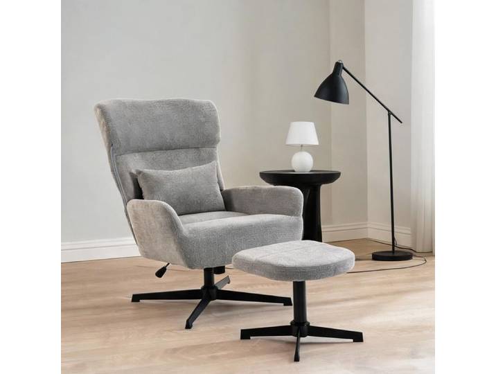 Fauteuil lounge 71 x 88 x 104 cm avec pouf rotatif 360° et hauteur d'assise réglable tissu chenille polyester