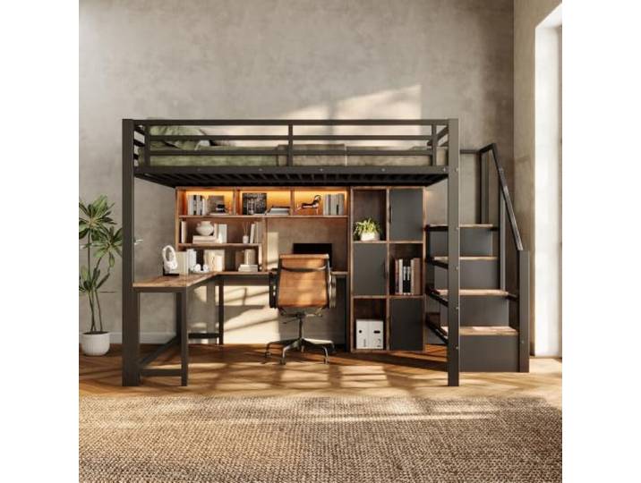 BTM Metall Hochbett Jugendliche 140x200 mit Schrank & Ablagefach Schwarz