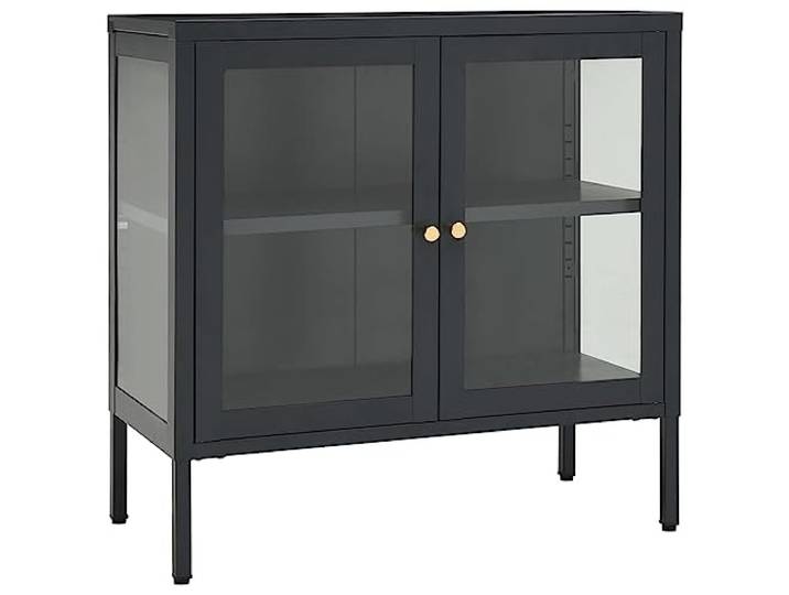 Fisinber Sideboard Anthrazit 70x35x70 cm Metall Schrank Glas Stabiler Beistellschrank aus Stahl mit Glastür, höhenverstellbaren Einlegeböden und Füßen für Wohnzimmer und Flur.
