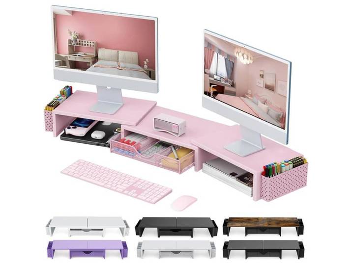 Support Élévateur Pour Double Moniteur Accessoires De Bureau En Métal Avec Tiroir Et 2 Porte-Stylos Longueur Et Angle Réglables