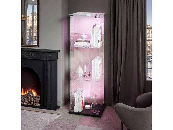 Vitrine en verre - Vitrine LED 3 étagères - Verre trempé - Roulettes - Noir 123x39x35 cm