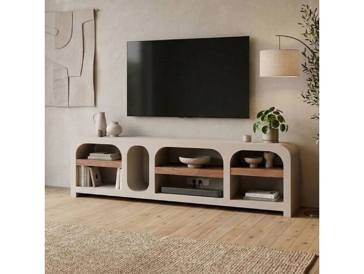 Meuble TV 180x40x51cm en acacia et effet beton - BALBO