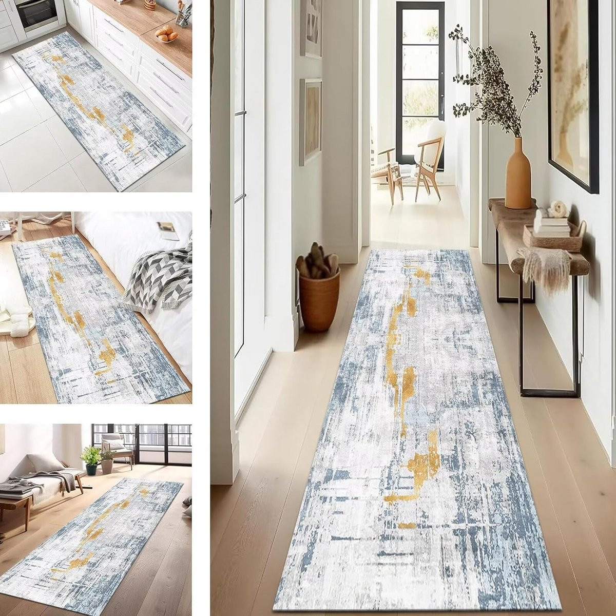 Wasbaar Antislip Vloertapijt Loper met Abstract Ontwerp in Blauw en Goud voor Hal, Keuken of Slaapkamer