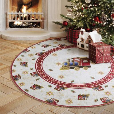 Teppich VILLEROY & BOCH "Toy's Delight Limited Edition Santa Claus", beige (lokomotive), H:3mm Ø:160cm, Polyester, Teppiche, Teppich, Limited Edition, Weihnachten, Wohnzimmer, Baumrock, Waschbar, Rund