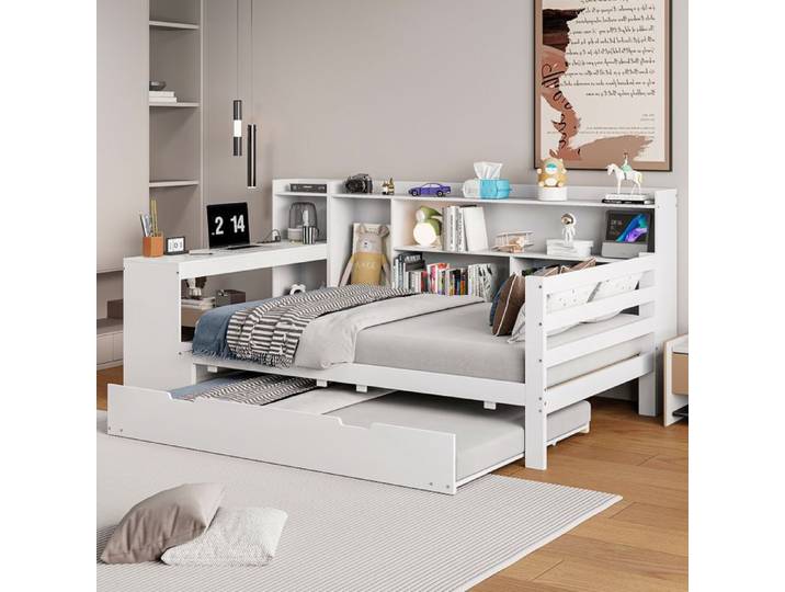 Lit banquette gigogne 90x200 cm EVRYAE - avec bureau rangements et prise USB lit gigogne - Blanc