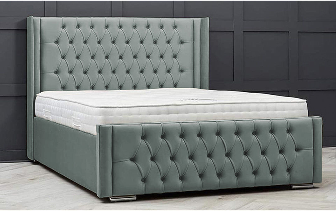 Ophelia & Co. Lucio Velvet Upholstered Bed Frame - Curved Headboard, Sprung Slatted Base Chrome Double (4'6)