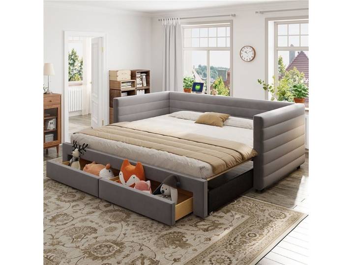 Lit banquette 90x190 extensible 3 en 1 avec tiroirs canapé convertible coton lin gris multifonction
