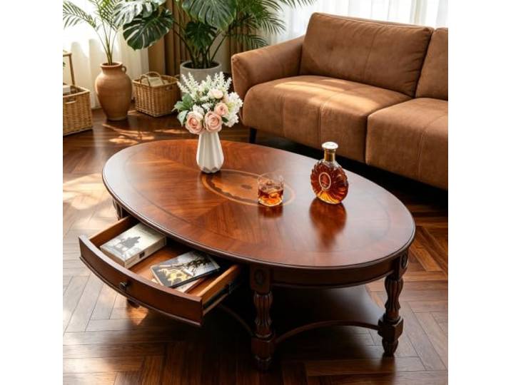 EBOYNSowAprr Luxuriöser ovaler Couchtisch aus handgeschnitztem Massivholz Couchtisch im amerikanischen Landhausstil mit Stauraumfach, Sichere abgerundete Kanten(Walnut,44.9x27.6x18.5 in)