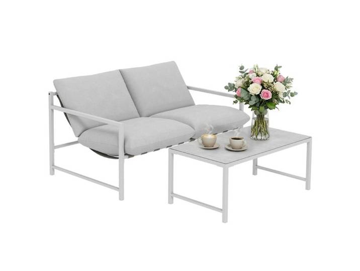 Salon de jardin - mobilier de jardin - Outsunny - 2 pièces canapé table basse coussins - acier verre - 125x80x64cm - gris clair
