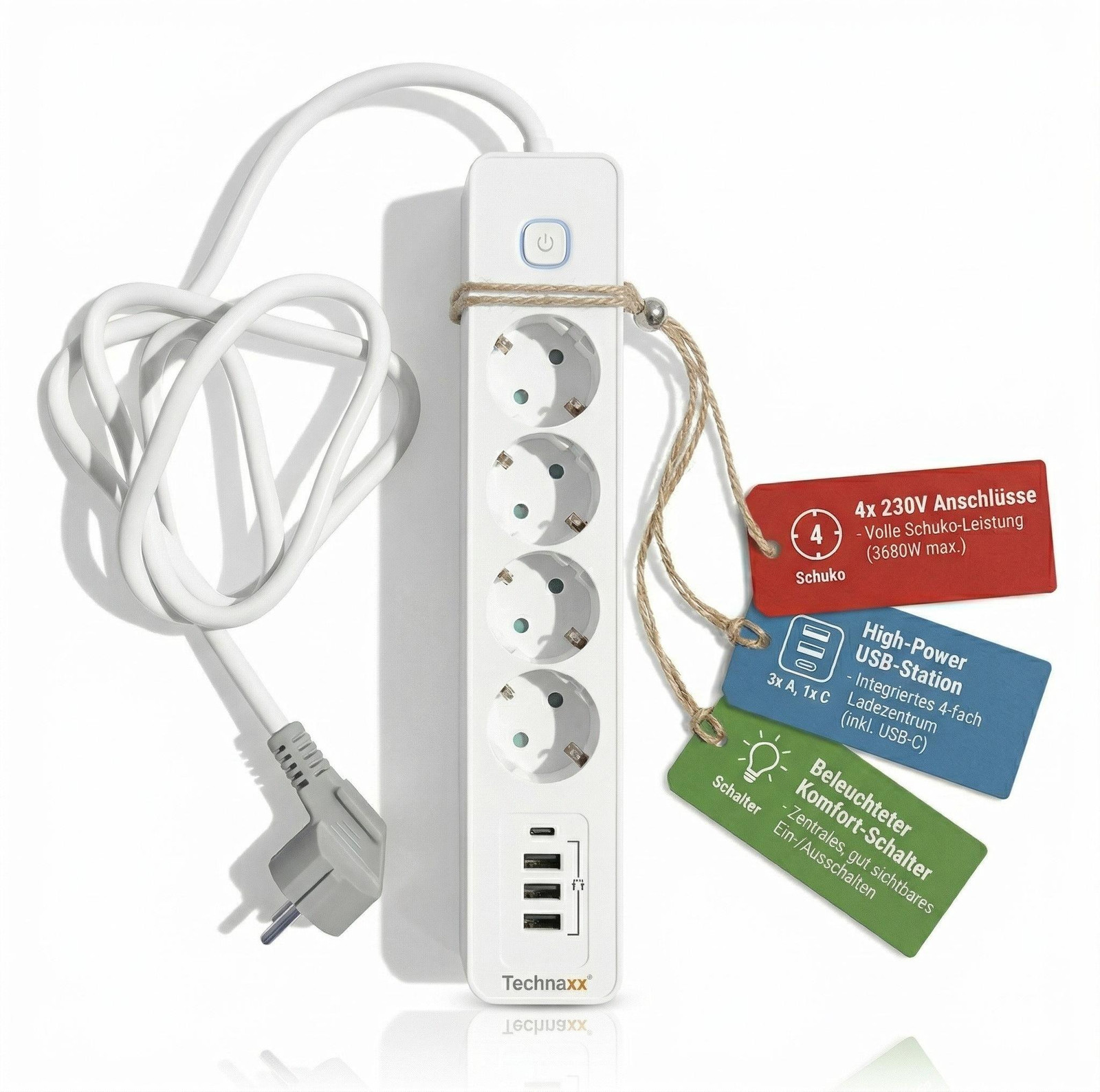Technaxx stekkerdoos met 4 stopcontacten, 4 USB-poorten (inclusief 1x USB-C) en kinderslot