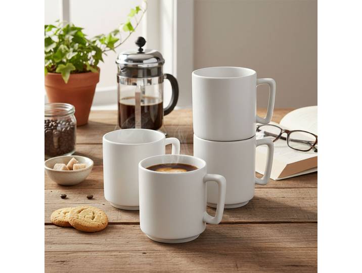 4-teiliges Tassenset aus Steinzeug, 300ml, mattcreme