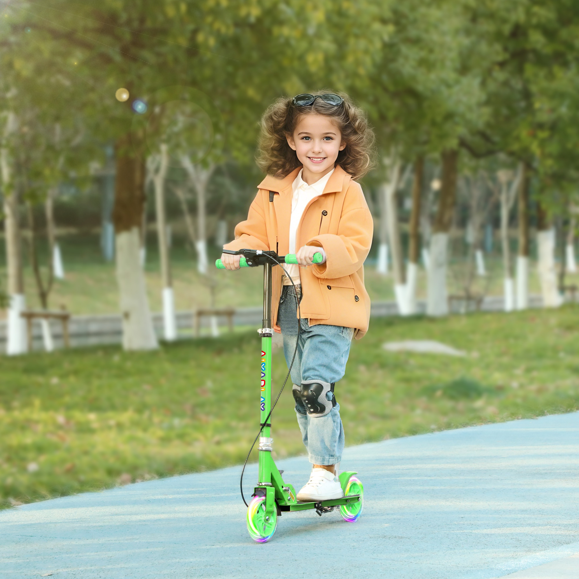 Aiyaplay Monopattino per Bambini 3-8 Anni, Ruote Luminose, Impugnatura Regolabile e Freno Posteriore, Verde   Aosom Italy