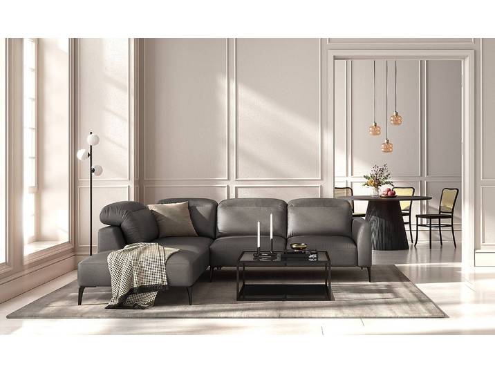 Ecksofa mit Ottomane Grau/Grau Echtleder Danbi 263cm Ottomane davorstehend links Modern