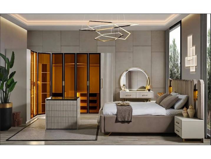 JVmoebel Komplettschlafzimmer Schlafzimmer Set Bett Schrank Kommode Frisiertisch Spiegel Beige Edel, (6-tlg., 1 Bett, 1 Schrank, 1 Kommode, 1 Frisiertisch, 1 Spiegel, 1 Hocker)