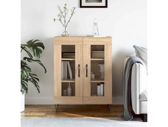 HEFZGDB Sideboard mit viel Stauraum und Glasdesign zur Aufbewahrung und Präsentation - Sideboard Sonoma-Eiche mit Glastüren aus Holzwerkstoff und Metallfüßen im zeitlosen Look