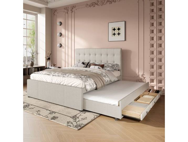 Lit Double Rembourré 140 x 200 cm Lit Familial Tête de Lit Réglable Beige Lit Gigogne 3 Places (Matelas non inclus)