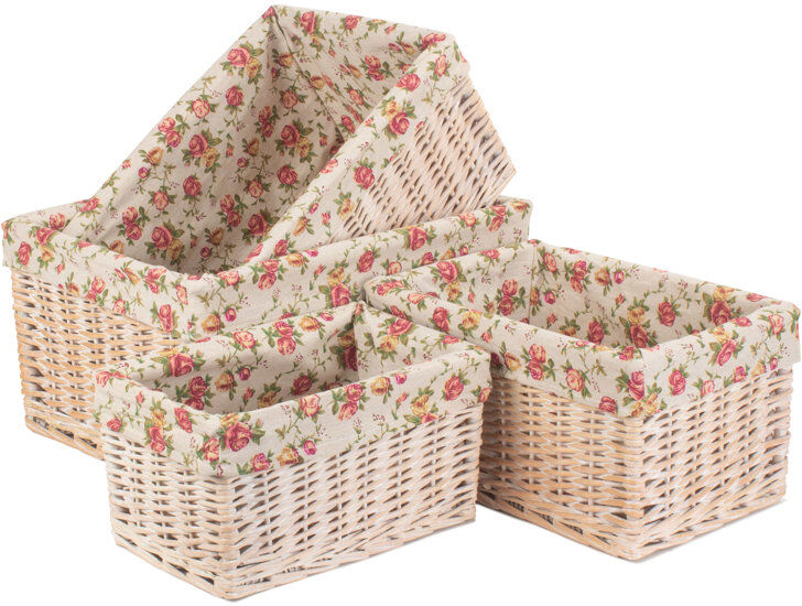 Fleur De Lis Living 4 Piece Wicker Storage Basket Set with Garden Rose Lining White