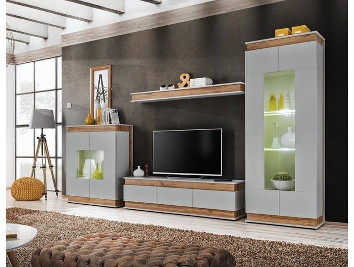 Xlmoebel Wohnwand Moderne Grau-Braune Holz TV-Ständer mit 2 Vitrinen im Luxus Desig, Made in Europa