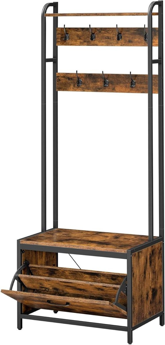 Garderobemeubel Halkast Kapstok met Kast in Vintage Bruin-Zwart, Breedte: 65 cm
