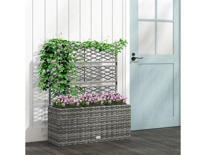 Outsunny Jardinière Treillis Rotin PE 3 Pots Acier Gris