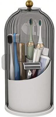 USA Free Shipping Shop Rotating Dustproof Toothbrush Holder With Cover & 3 Slot Bathroom Countertop Organizer grey
