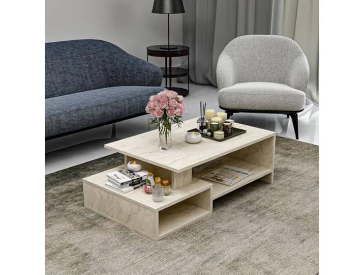 HOMIDEA DUX Couchtisch aus Holz - Wohnzimmertisch - moderner Kaffeetisch in trendigem Design mit Ablage (Travertin)