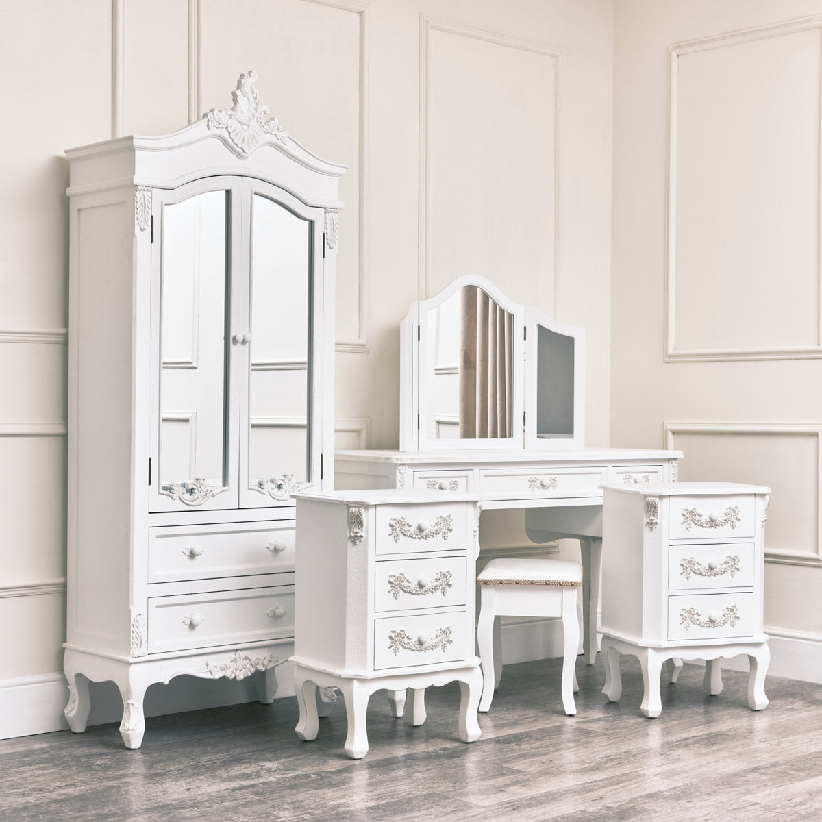 Antique White Closet, Dressing Table Set & Pair of Bedside Tables - Pays Blanc Range Wood, Glass