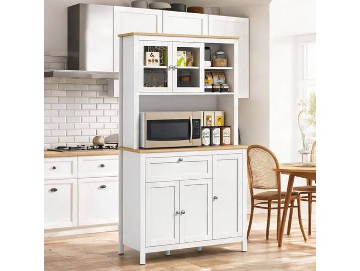 Buffet haut vitré 100x40x180 cm blanc - Rangement cuisine avec tiroir et niche centrale plan de travail spacieux avec passe-câbles