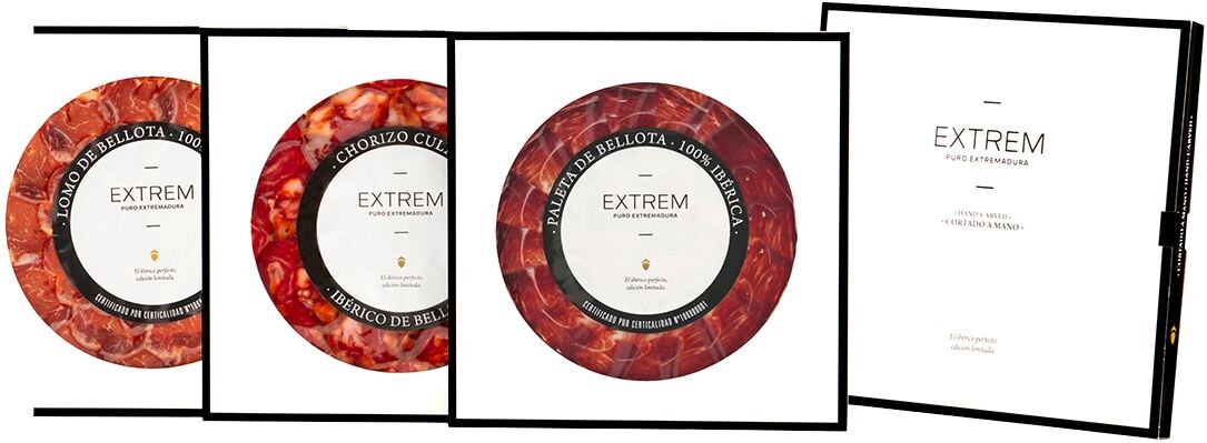 Extrem Puro Extremadura Cofre Tripack Ibérico con 3 sobres: paleta, chorizo y lomo de bellota 100% Ibérico .