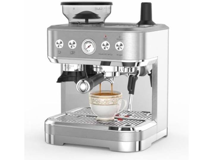 Espressomaschine mit Mahlwerk & Milchaufschäumer, 15 Bar Italienische Pumpe, PID Temperaturkontrolle, 2,3L Wassertank, Edelstahl Siebträgermaschine mit Zubehör für Cappuccino, Latte Art, Heim & Büro