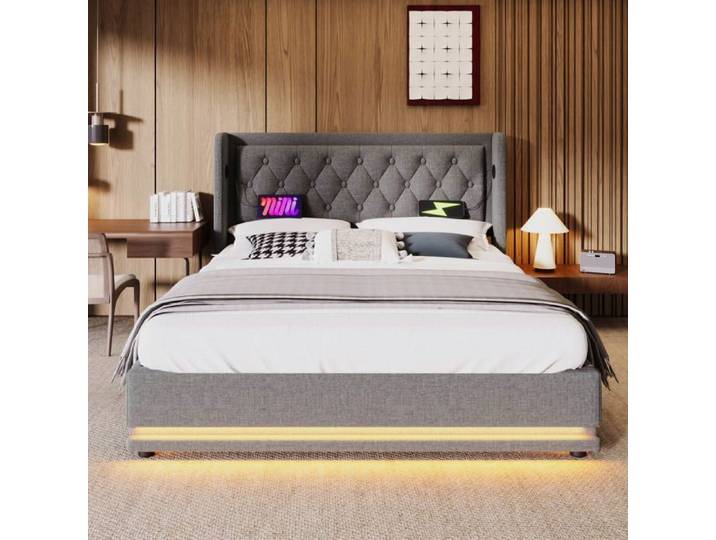 Lit double superpos rembourr coffre adult-USB LED-coton gris 140 x 200 cm sans matelas-HAUSS SPOLE