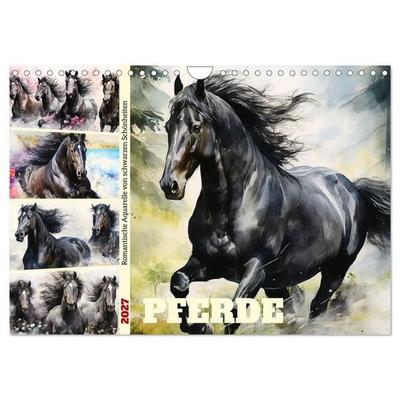 Pferde. Romantische Aquarelle von schwarzen Schönheiten (Wandkalender 2027 DIN A4 quer), CALVENDO Monatskalender