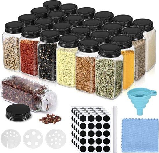 Famanu Set van 24 zwarte rechthoekige kruidenpotjes van 120 ml met siliconen tuit