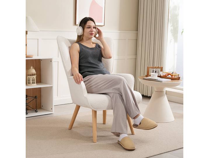 HOMCOM Fauteuil Salon Tissu Bouclette Beige Pieds Bois
