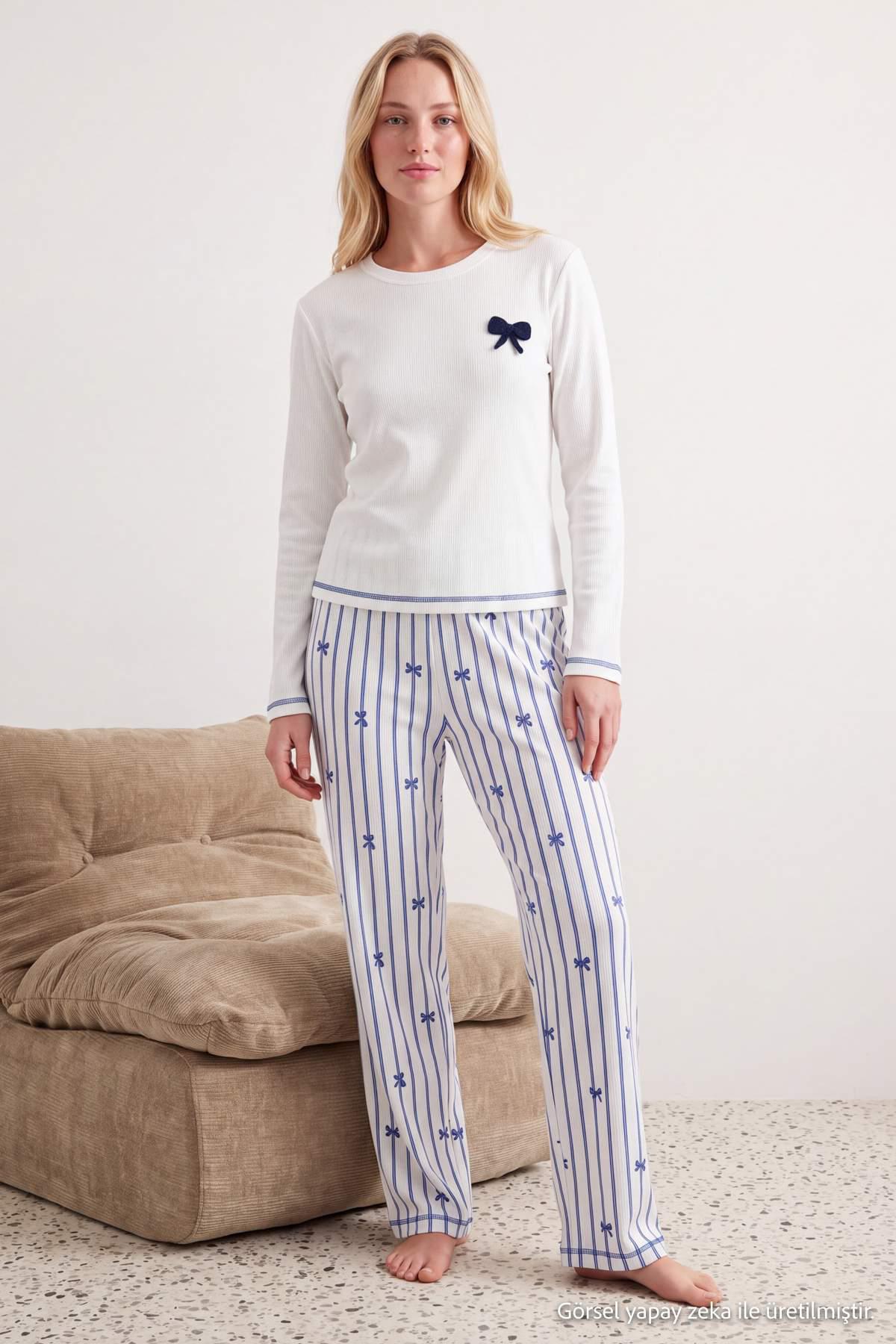 TRENDYOLMİLLA Damen 2er Pack Weiß Herz- Lang, Regular Fit Pyjama- Sets