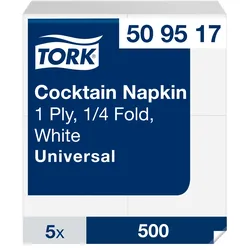 Tork Cocktailservietten Weiß, 1-lagig, 1/4-Falz, 24 cm × 24 cm, 5 × 500 Serviett...