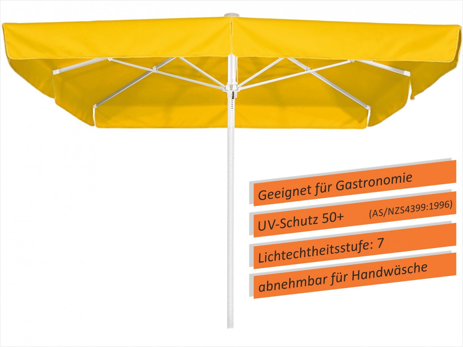 Sonnenschirm Quadro quadratisch, ca. 300 x 300 cm, Farbe:gelb, Volant (herunterhängende Stoffbahn):mit Volant