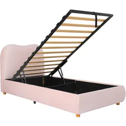 OKWISH Polsterbett aus Samt in Rosa 90x200 cm, gewerblich geeignet, hydraulischer Stauraum, Lattenrost, kindgerechte Rundungen