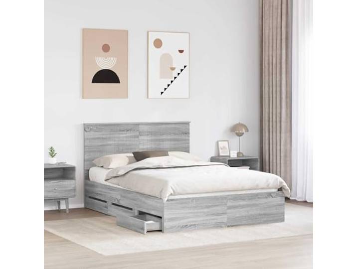 SKTQYQO Bettgestell mit Schublade, Sonoma-Grau, 140 x 200 cm Technisches Holz, selbsttragend, feste Latten, versteckte Schublade, einfache Wartung