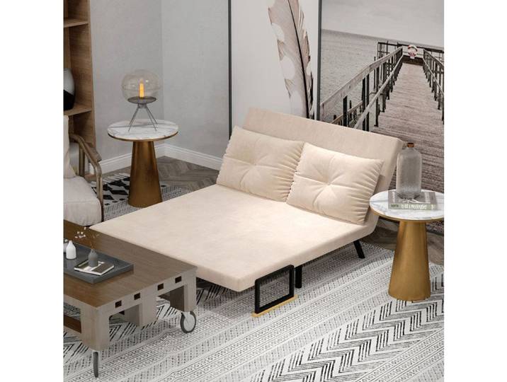 Canapé convertible 2 places beige en tissu dossier 5 positions accoudoirs montage à prévoir