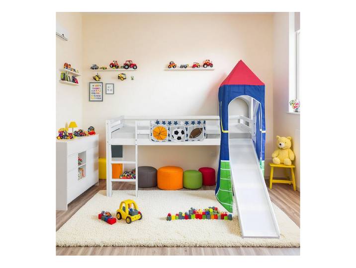 Homestyle4u Hochbett Kinder mit Rutsche 90x200 Holz mit Turm Spielbett Fußball Junge (mit Betttasche, Turm und Rutsche, Jungen Mädchen, aus Kiefernholz)