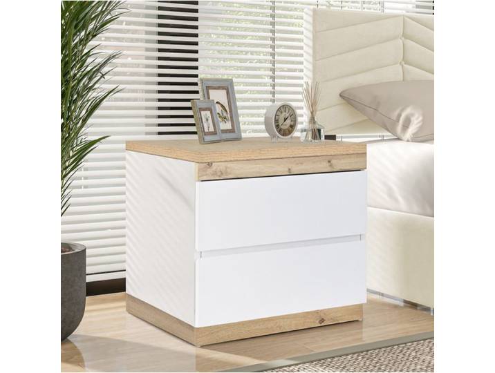 WUVRIE Table de chevet 2 tiroirs 55 x 40 x 55 cm blanc et décor chêne en panneaux de particules E1