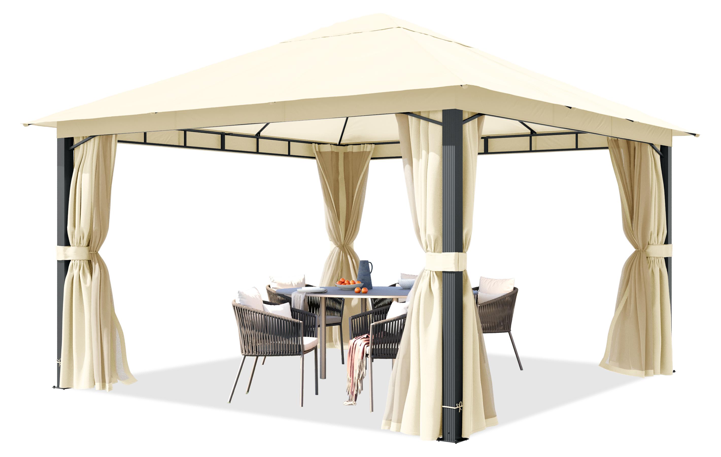 TOOLPORT Gartenpavillon 4x4 m ca. 220g/m² Dachplane Pavillon mit 4 Seitenteilen und 4 Moskitonetzen - champagner