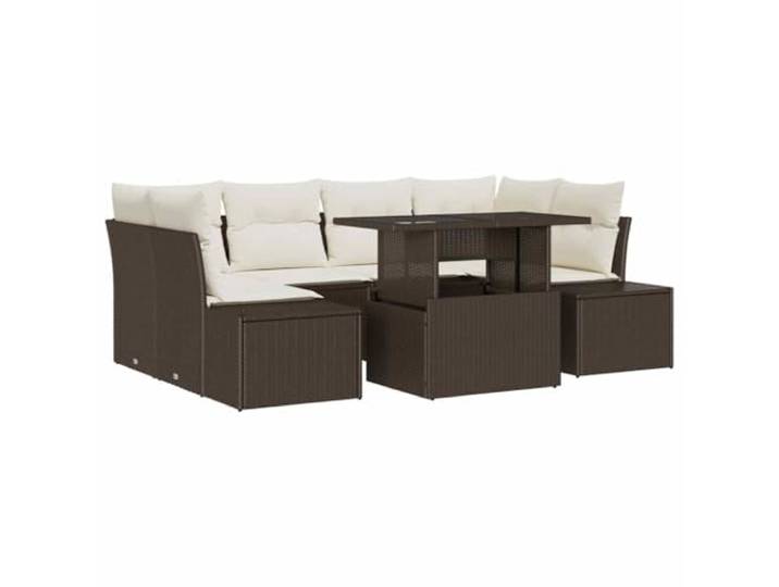 ZQQLVOO Sofa Set 7 STK. Braun und Creme Poly-Rattan Modulares Design, Polyesterfaser-Polster, geschwungene Armlehnen, höhenverstellbare Tischplatte, Garten und Terrasse